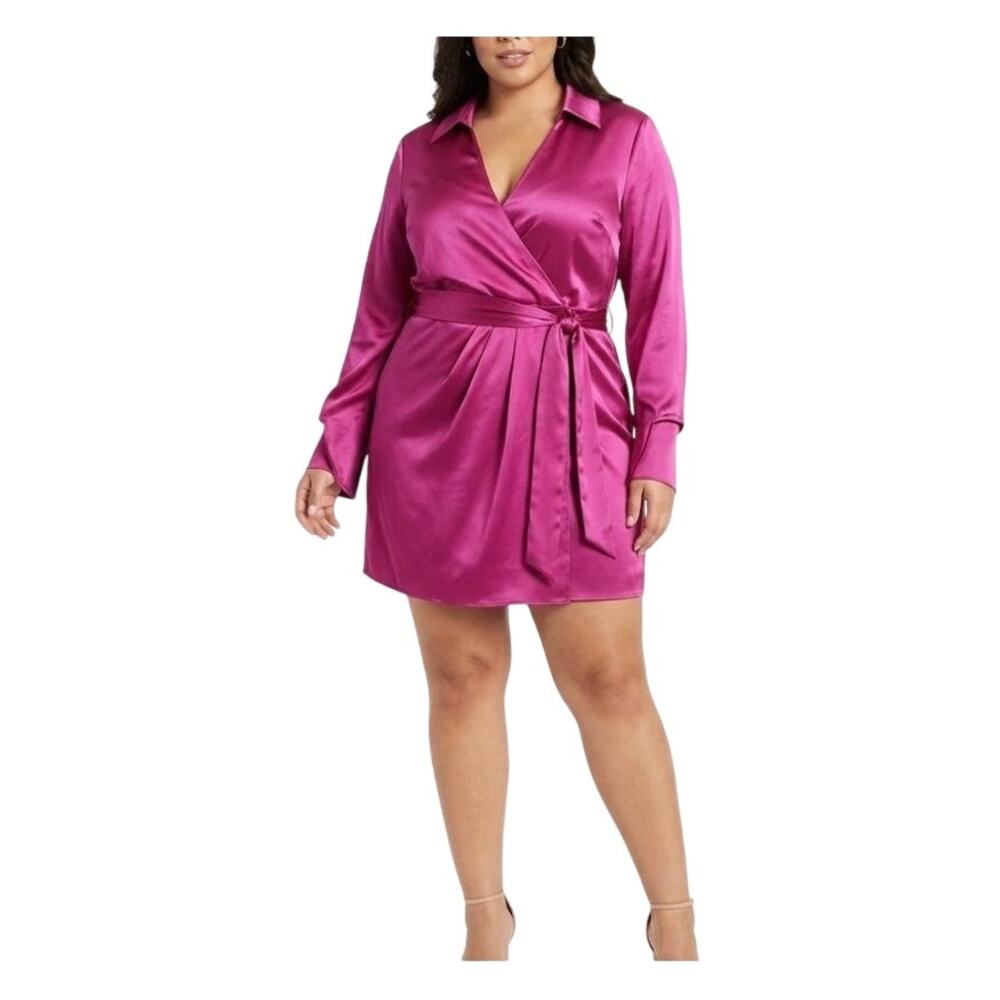 Adrianna Papell Satin Long Sleeve Belted Mini Sheath Cocktail Dress Pink Size 16